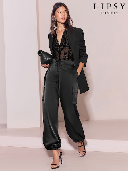 Black - Lipsy Satin Tie Waist Cargo Trousers