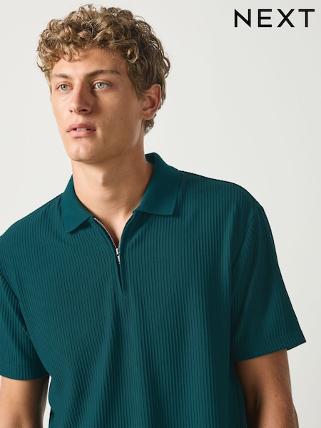 Blågrøn - Plain Textured Smart Zip Neck Polo Shirt