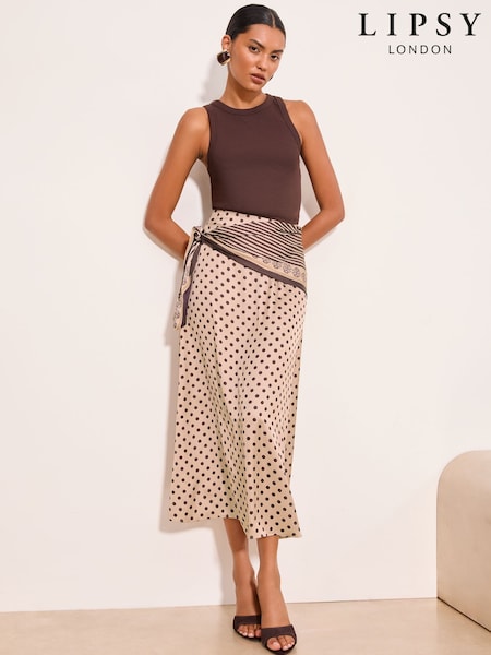 Maro - Lipsy Satin Polka Dot Scarf Detail Midi Skirt