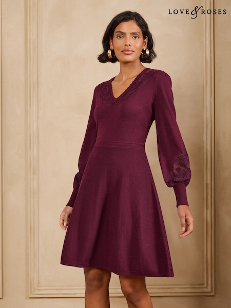Burgundy Red - Love & Roses Lace Detail V-neck Knitted Mini Dress