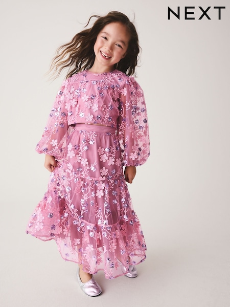 Berry Pink - Embellished Long Sleeve Top And Skirt Set (3-16yrs)