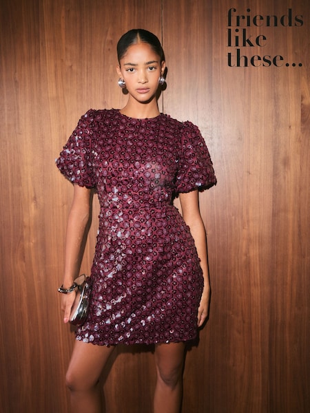 Berry Red - Friends Like These Puff Sleeve Floral Sequin Mini Dress