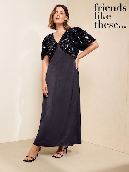 Black - Friends Like These Short Sleeve Sequin Satin Midi Dress