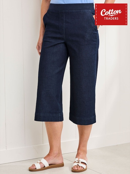 Blue - Cotton Traders Wide Leg Crop Pull On Jeans