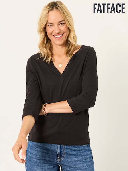 Black - Fatface 3/4 Sleeve V-neck T-shirt