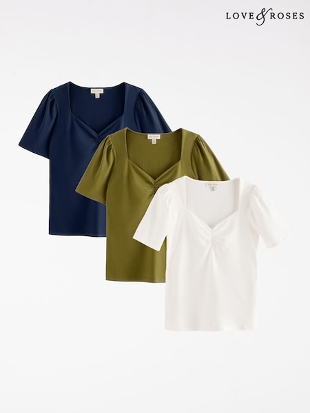 Navy/Blue/White/Khaki/Green - Love & Roses Sweetheart Neck Short Sleeve Tops 3 Pack