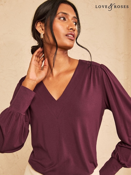 Burgundijos raudona - Love & Roses V-neck Jersey Top