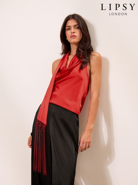 Red - Lipsy Cowl Neck Scarf Detail Satin Top