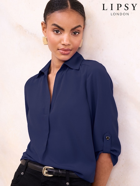 Navy - Lipsy V-neck 3/4 Sleeve Collared Blouse