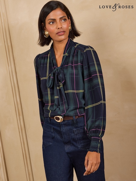 Navy Check Printed - Love & Roses Pussybow Long Sleeve Blouse