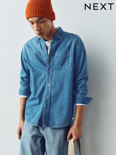 أزرق متوسط - Regular Fit Cotton Denim Shirt