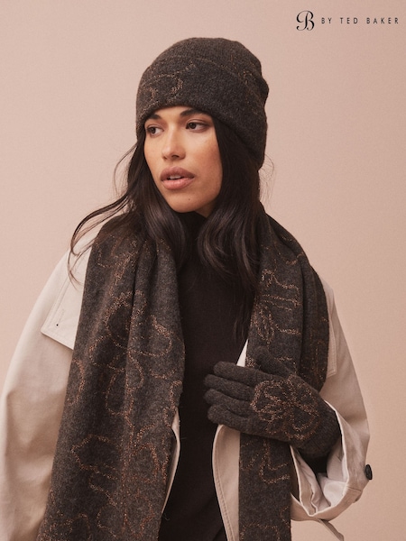 巧克力棕色花卉 - B By Ted Baker Chocolate Brown Floral Jacquard Beanie Hat