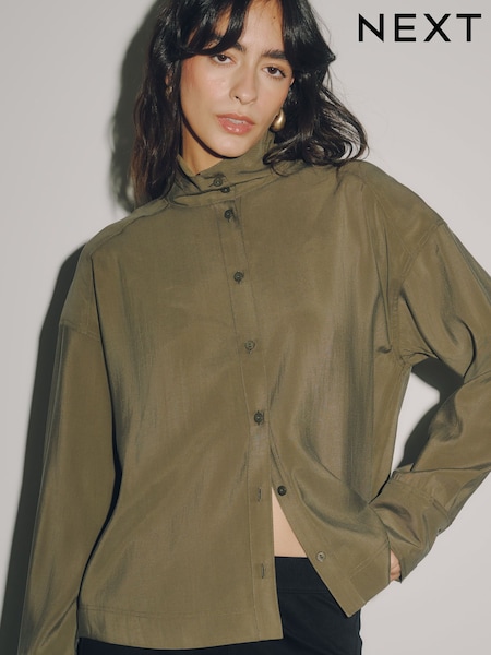 Khaki Green - Funnel Neck Long Sleeve Shirt