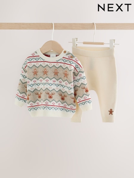 Estampado de grecas alpinas en color neutro - Christmas Knitted Jumper And Leggings Set (0mths-2yrs)