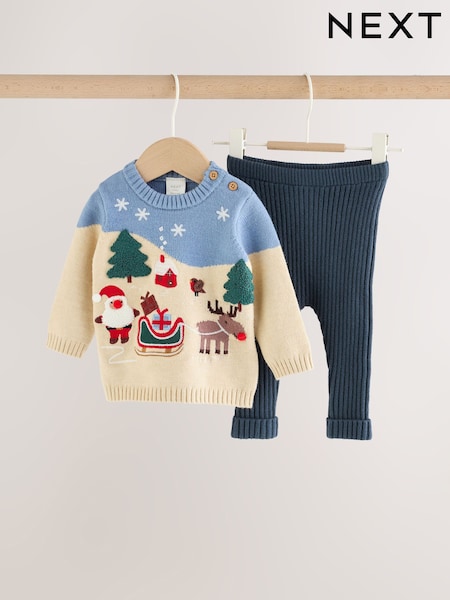 Blue - Christmas Knitted Jumper And Leggings Set (0mths-2yrs)