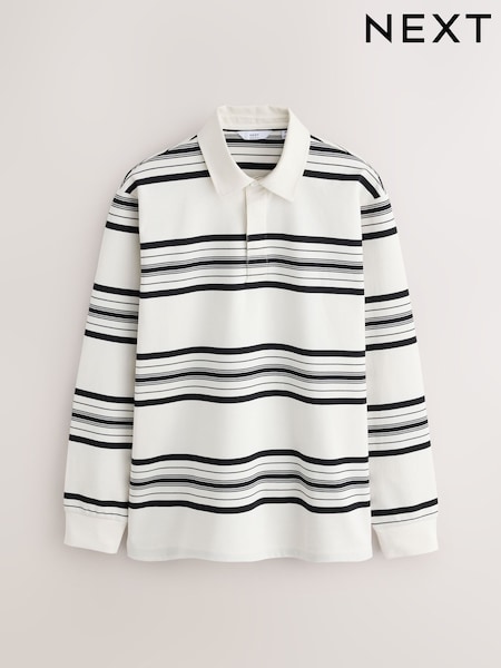 Ecru/Fine Black - Regular Horizontal Stripe Rugby Shirt