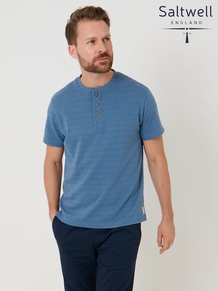 Bleu - Regular Saltwell Textured Stripe Grandad Collar T-shirt