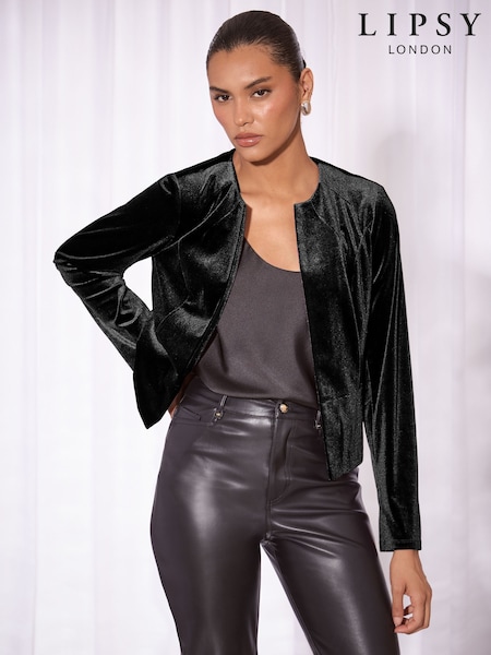 Black - Lipsy Velvet Cropped Collarless Blazer