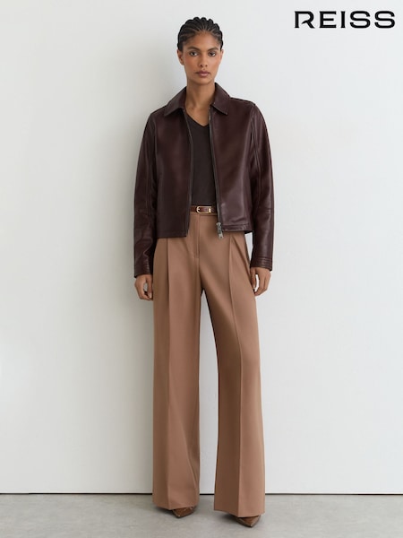 Chocolate Brown - Reiss Sorina Leather Zip-through Moto Jacket