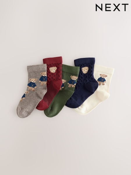 Navy/Burgundy Bear - Character Cotton Rich Socks 5 Pack