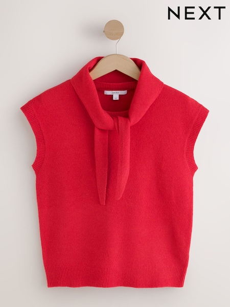 Red - Tie Neck Knitted Tank Top