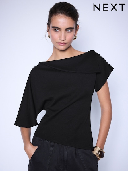 Black - Asymmetric Folded Neckline Short Sleeved Top