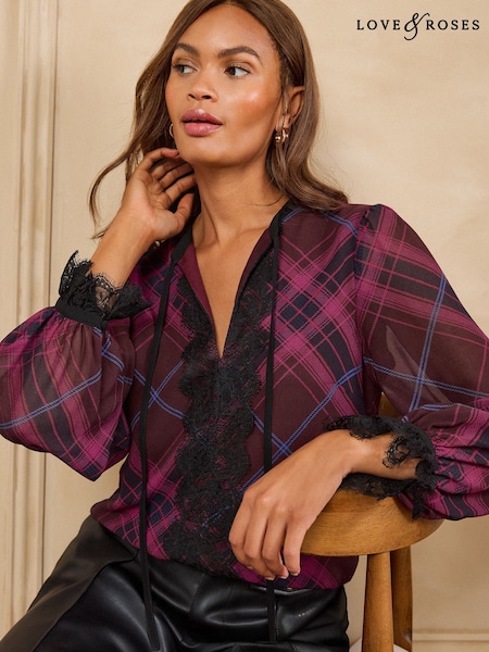Berry Red Check Print - Love & Roses Lace Insert Long Sleeve Blouse
