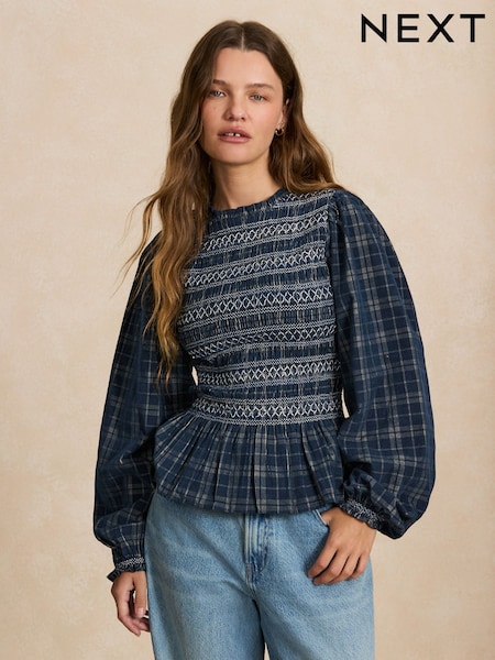 Kariert/Marineblau - Smocked Corduroy Long Sleeve Blouse