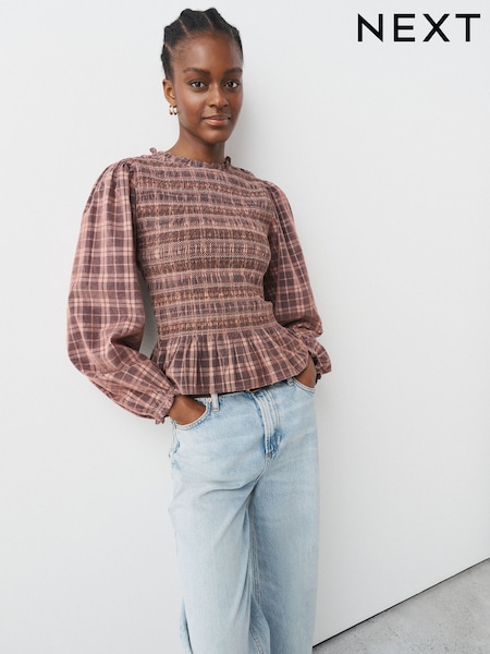 Dusty Pink Check - Smocked Corduroy Long Sleeve Blouse