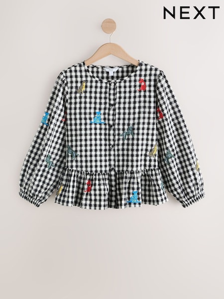 Black/White Gingham Embroidered Dog Print - Peplum Long Sleeve Blouse