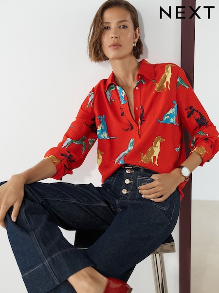 Red Dog Print - Long Sleeve Shirt