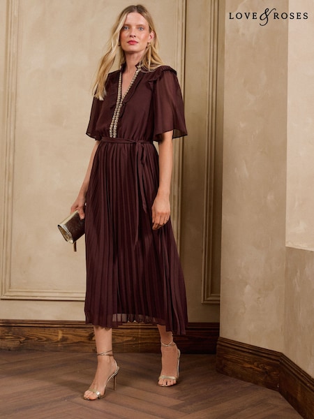 Chocolate Brown - Love & Roses Embellished Trim Pleated Skirt Midi Dress