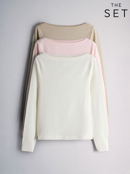 Cream/Taupe/Pink - The Set 3 Pack Boat Neck Long Sleeve Tops