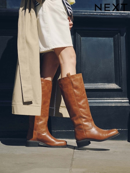 Tan Brown - Forever Comfort® Leather Knee High Pull On Boots