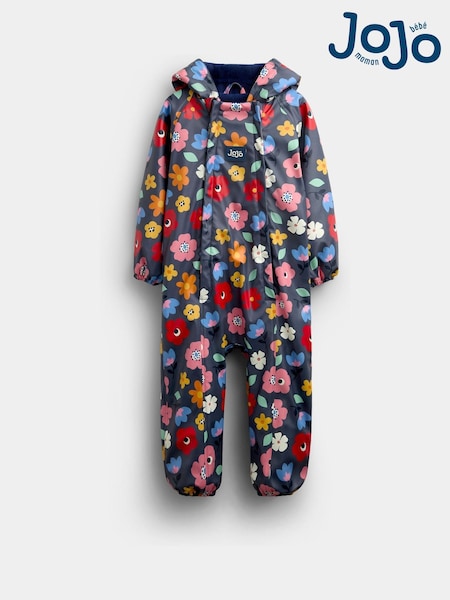 Navy Floral - Jojo Maman Bébé Waterproof Fleece Lined All-in-one Puddlesuit