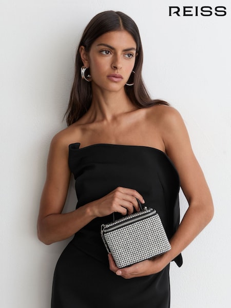 Silver - Reiss Nova Mini Crystal Vanity Crossbody Bag