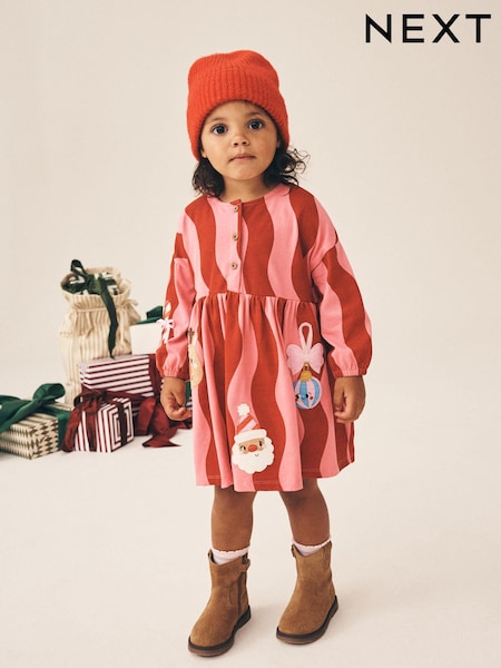 Pink Christmas Reindeer Santa - Long Sleeve Button Dress (3mths-7yrs)