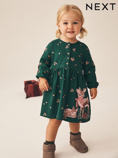 Green Deer - Long Sleeve Button Dress (3mths-7yrs)