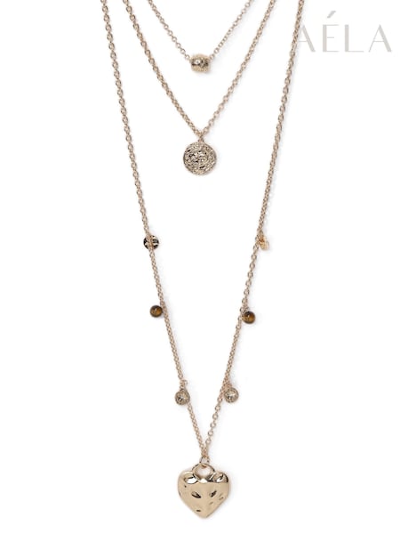 Brun - Aela Heart Charm Multirow Brown Necklace