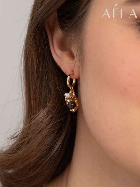 Brown - Aela Heart Cluster Charm Drop Hoop Brown Earrings