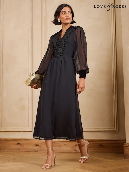 أسود - Love & Roses Tie Neck Frogging Midi Dress