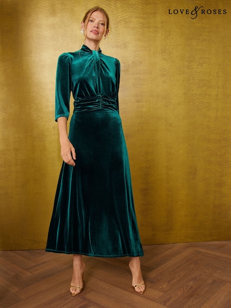 Green - Love & Roses Velvet Twist Front Midi Dress