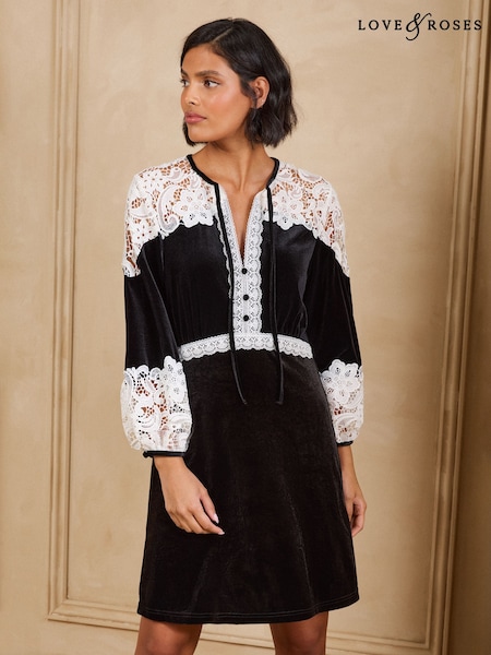 Black - Love & Roses Lace Detail Tie Front Button Down Mini Shift Dress