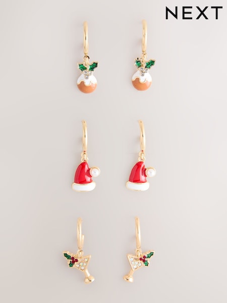 Gold Tone - Christmas Huggie Hoop Earrings 3 Pack