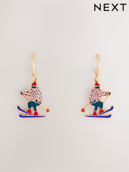Red - Christmas Skier Enamel Hoop Earrings