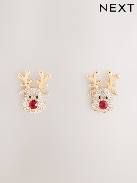 Gold Tone - Christmas Reindeer Stud Earrings