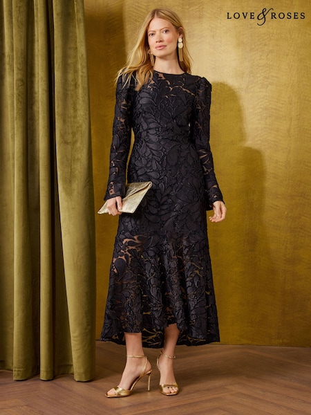 Black - Love & Roses Devore Flounce Hem Midi Dress