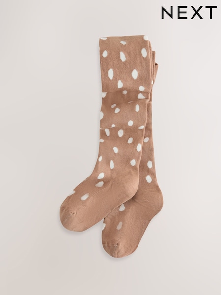 Brown - Cotton Rich Deer Print Tights 1 Pack