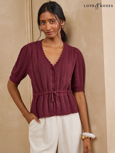 Burgundy Red - Love & Roses Cotton Rich Peplum Tie Front Open Stitch Knitted Cardigan