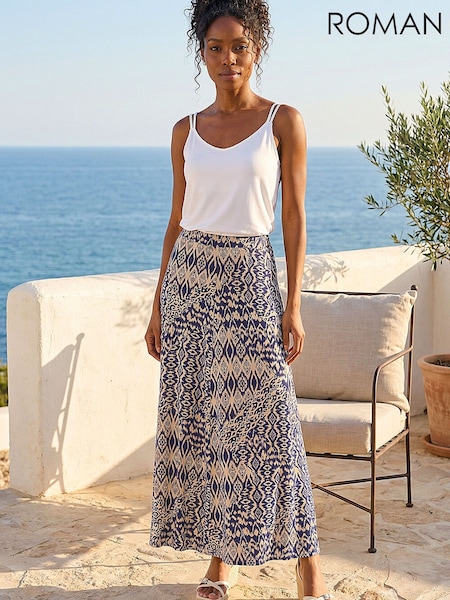 Blue - Roman Abstract Print Midi Skirt